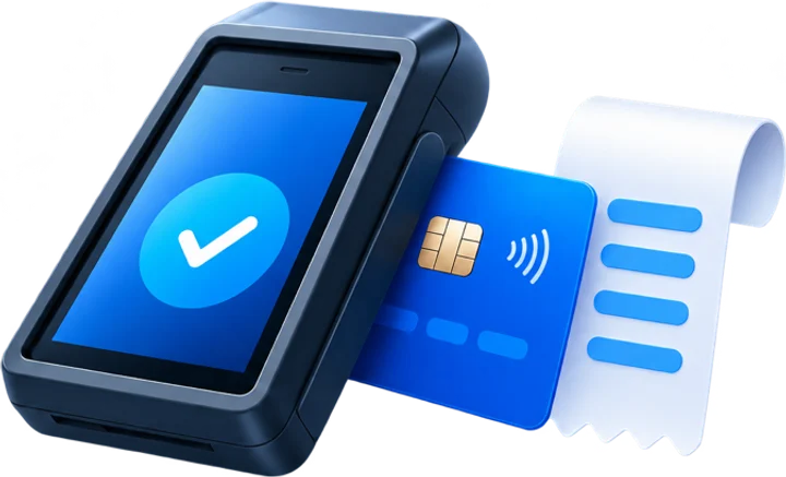 POS-термінал з програмною касою Cashalot, банківська картка та фіскальний чек