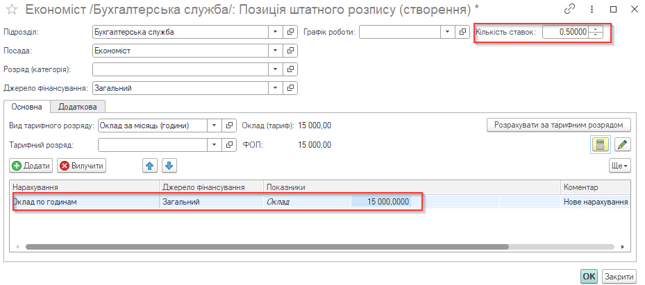 позиция штатного расписания на 0,5 ставки с окладом 15000 грн в программе KBS